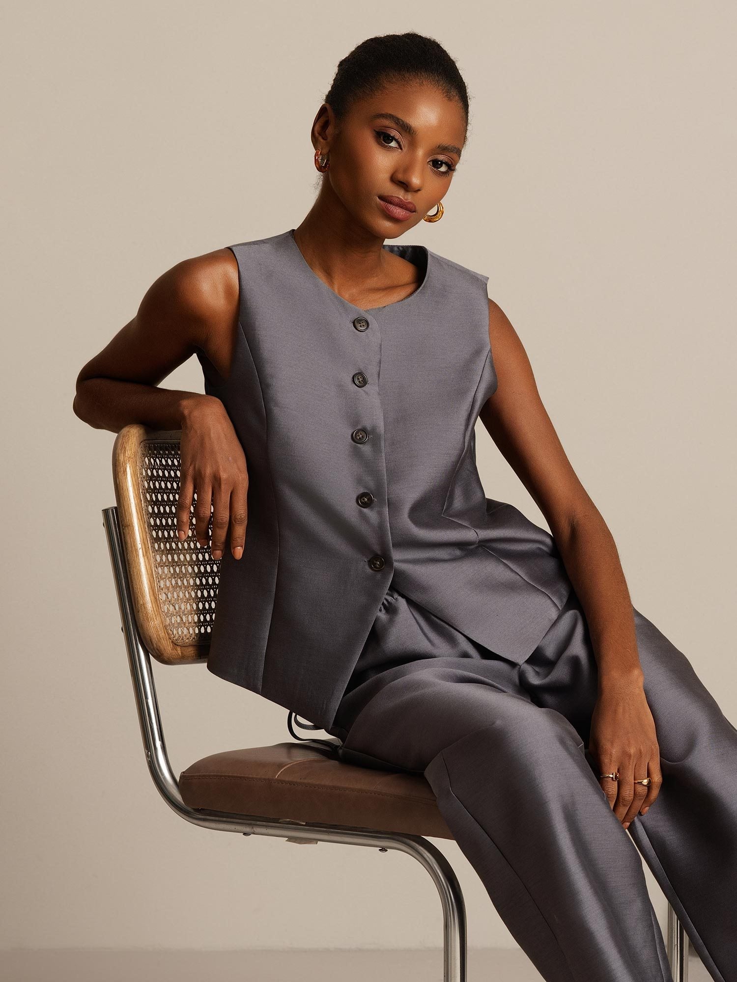 [Grå] SilkSilky-SE 32Momme Silk-Wool Blend Womens Vest 001,