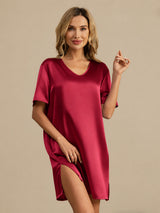 [Mörkröd] SilkSilky-SE Half Sleeve V Neck Nattlinne 001