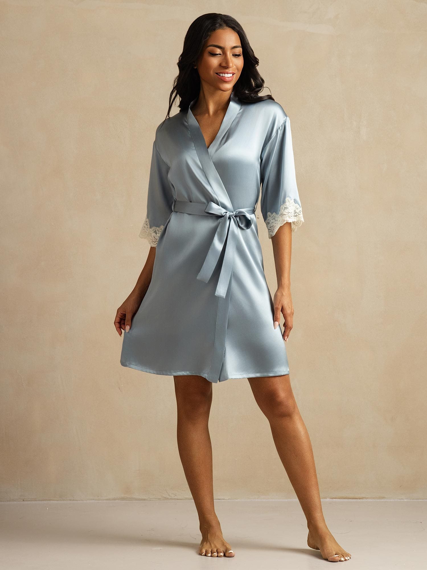 [Blå] SilkSilky-SE Rent Silke Womens Robe 006