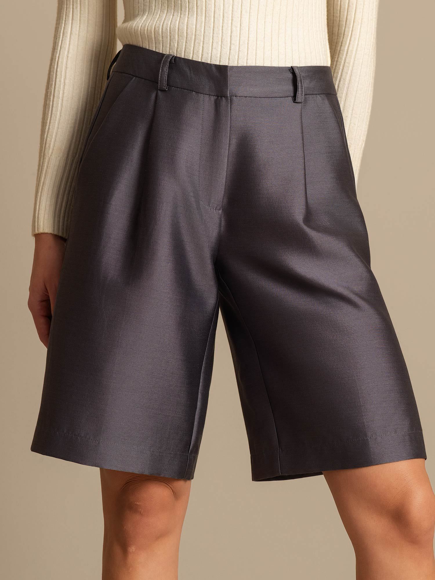[Grå] SilkSilky-SE 32Momme Silk-Wool Blend Womens Shorts 004,