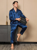 [Mörkblå] SilkSilky-SE Long Sleeve Lapel Collar Herr Pyjama 001