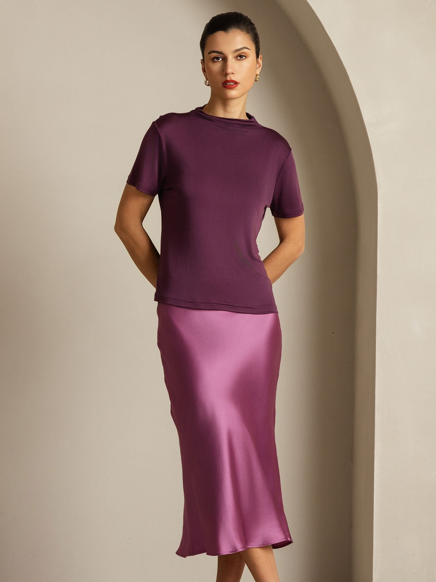 [Lila] SilkSilky-SE Rent Silke Krage Dam T-Shirt 008