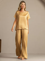 [Tan] SilkSilky-SE 19Momme Kort Ärm Dam Pyjama 007