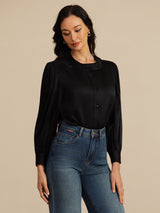 [Svart] SilkSilky-SE 19Momme Long Sleeve Round Neck Blus 001