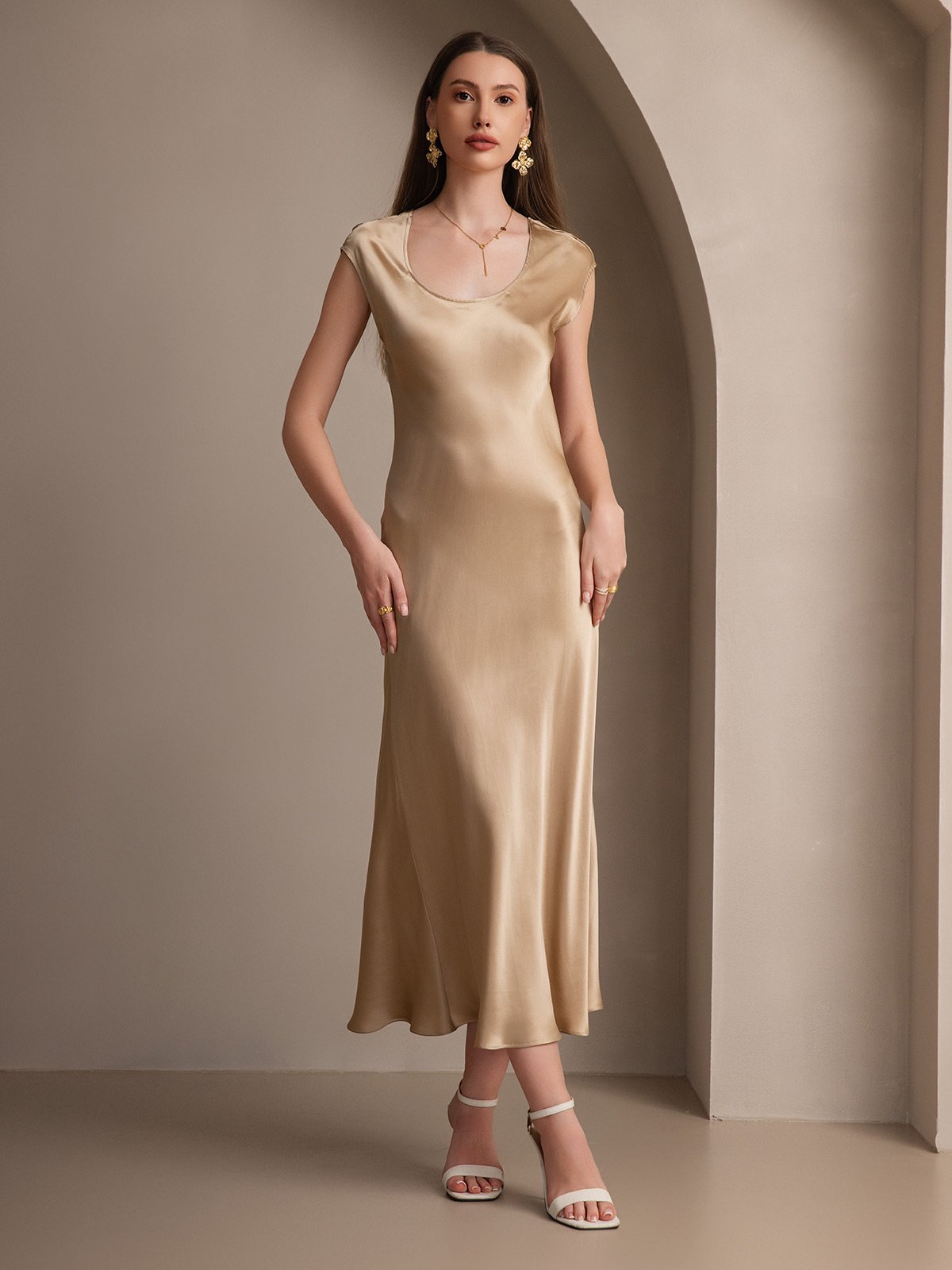 [Champagne] SilkSilky-SE 19Momme Silke Ärmlös Dress 004