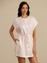 [Rosa] SilkSilky-SE 18Momme Kappärm Henley-halsringning Klänning 001