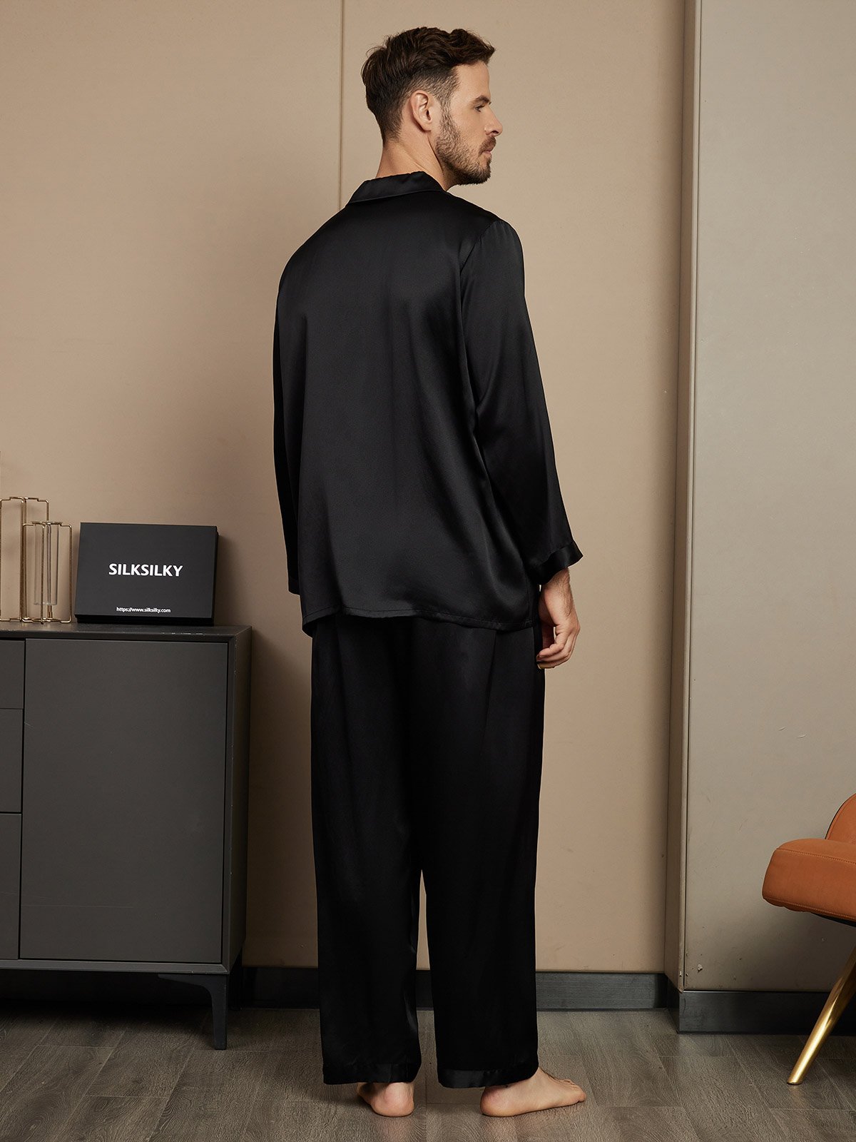 [Svart] SilkSilky-SE Rent Silke Mens Pajamas 002