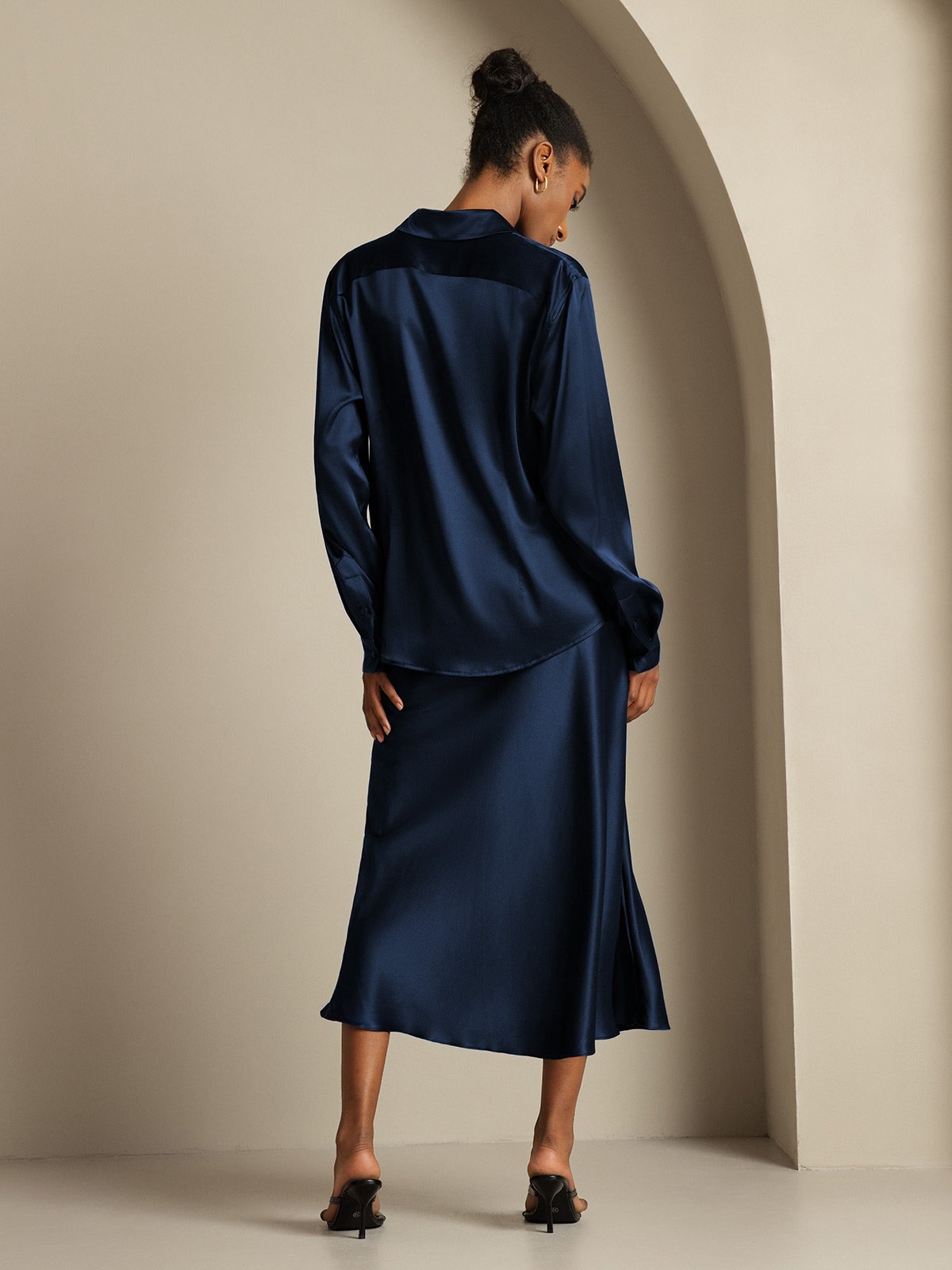[Mörkblå] SilkSilky-SE 19Momme Silke Krage Women''s Outfit Sets 002,