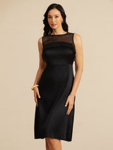 [Svart] SilkSilky-SE 19Momme Sleeveless Illusion Neck Klänning 001