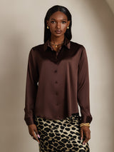 [Mörk Choklad] SilkSilky-SE Long Sleeve Lapel Collar Damskjorta 003