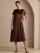 [Mörk Choklad] SilkSilky-SE Short Sleeve Round Neck Klänning 001