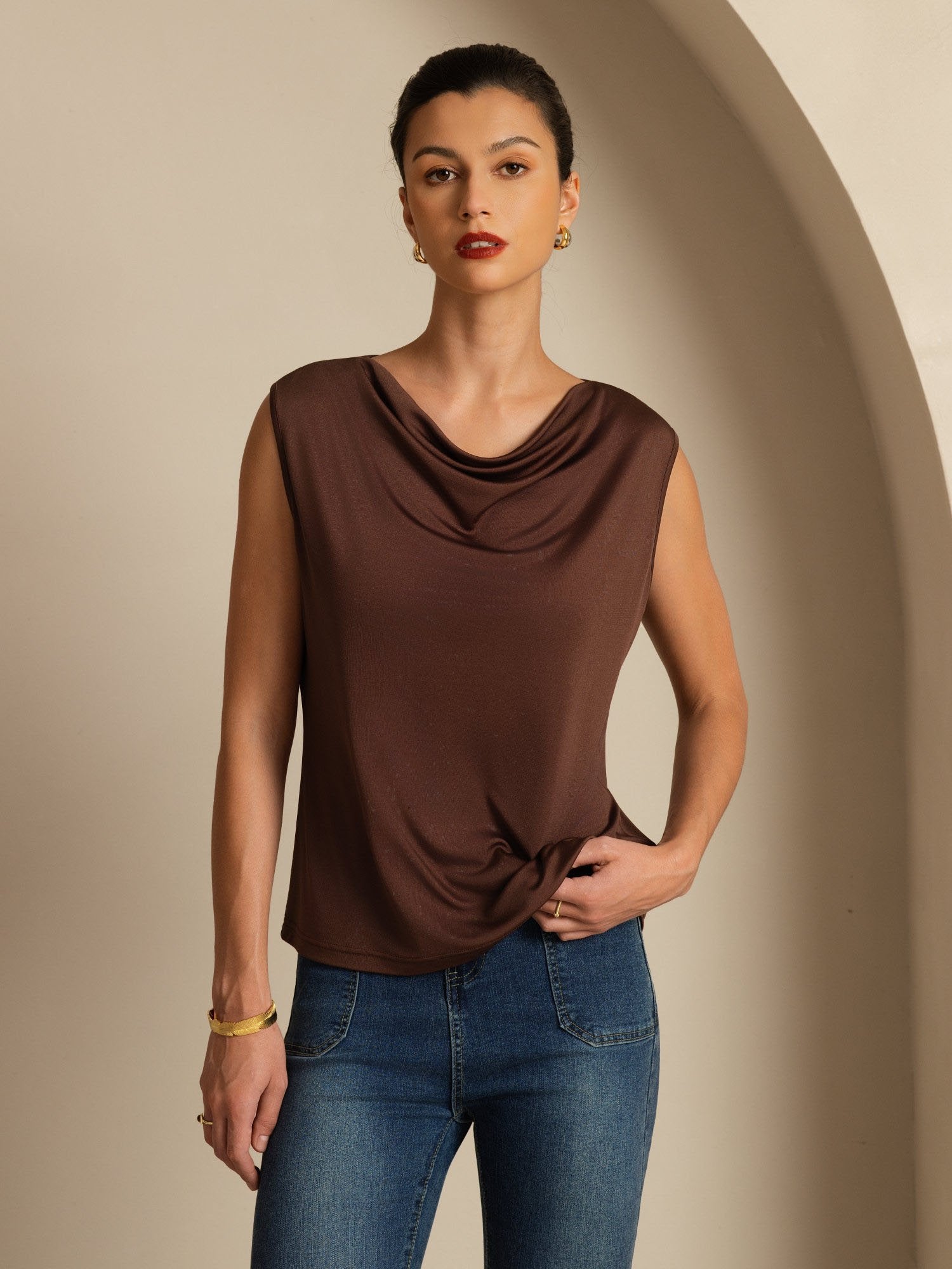 [Kaffe] SilkSilky-SE Ärmlös Cowl Halsringning Dam T-Shirt 001
