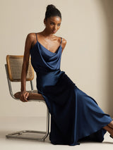 [Mörkblå] SilkSilky-SE 19Momme Spaghetti Rem Cowl Halsringning Women''s Outfit Sets 001