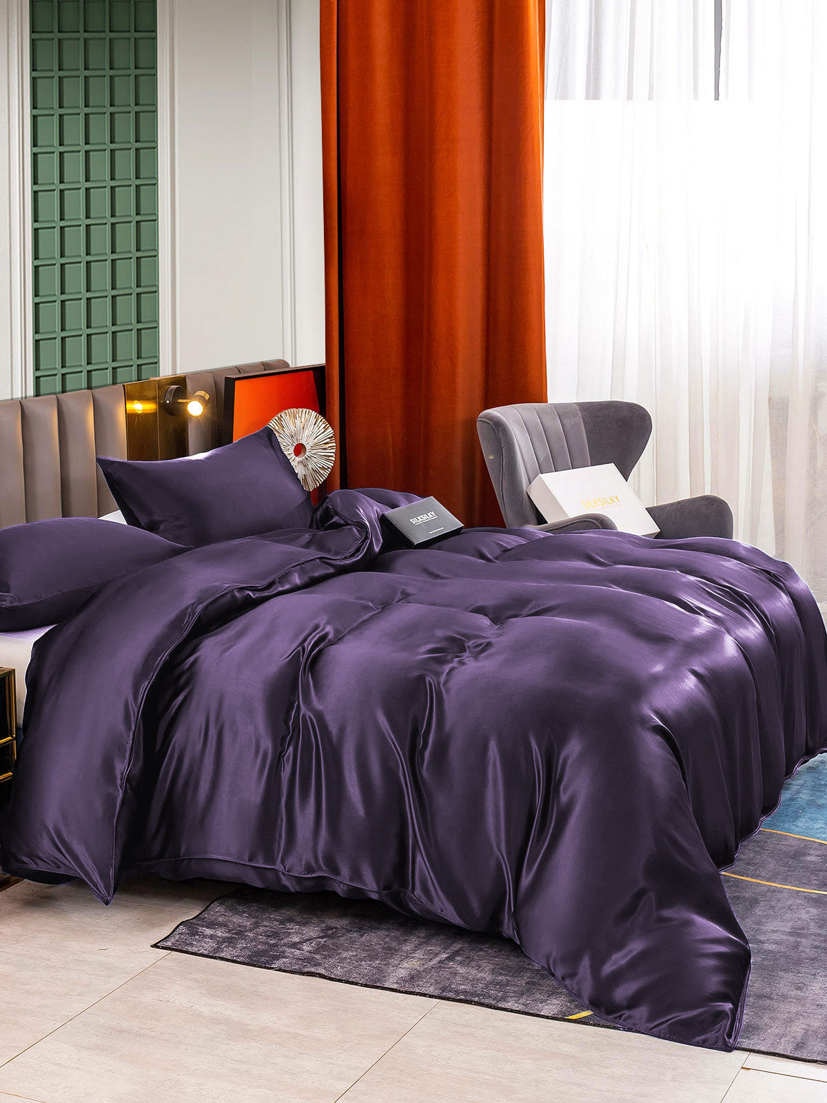 SilkSilky SE 25Momme Rent Silke Bedding Set Mörklila 003