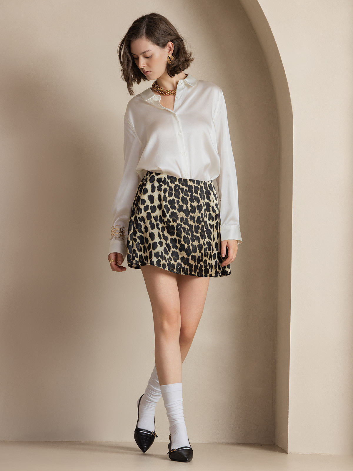 [Vit] SilkSilky-SE Silke Lång Ärm Krage Damskjorta 007