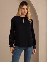 [Svart] SilkSilky-SE Long Sleeve Keyhole Neck Damblusar 001