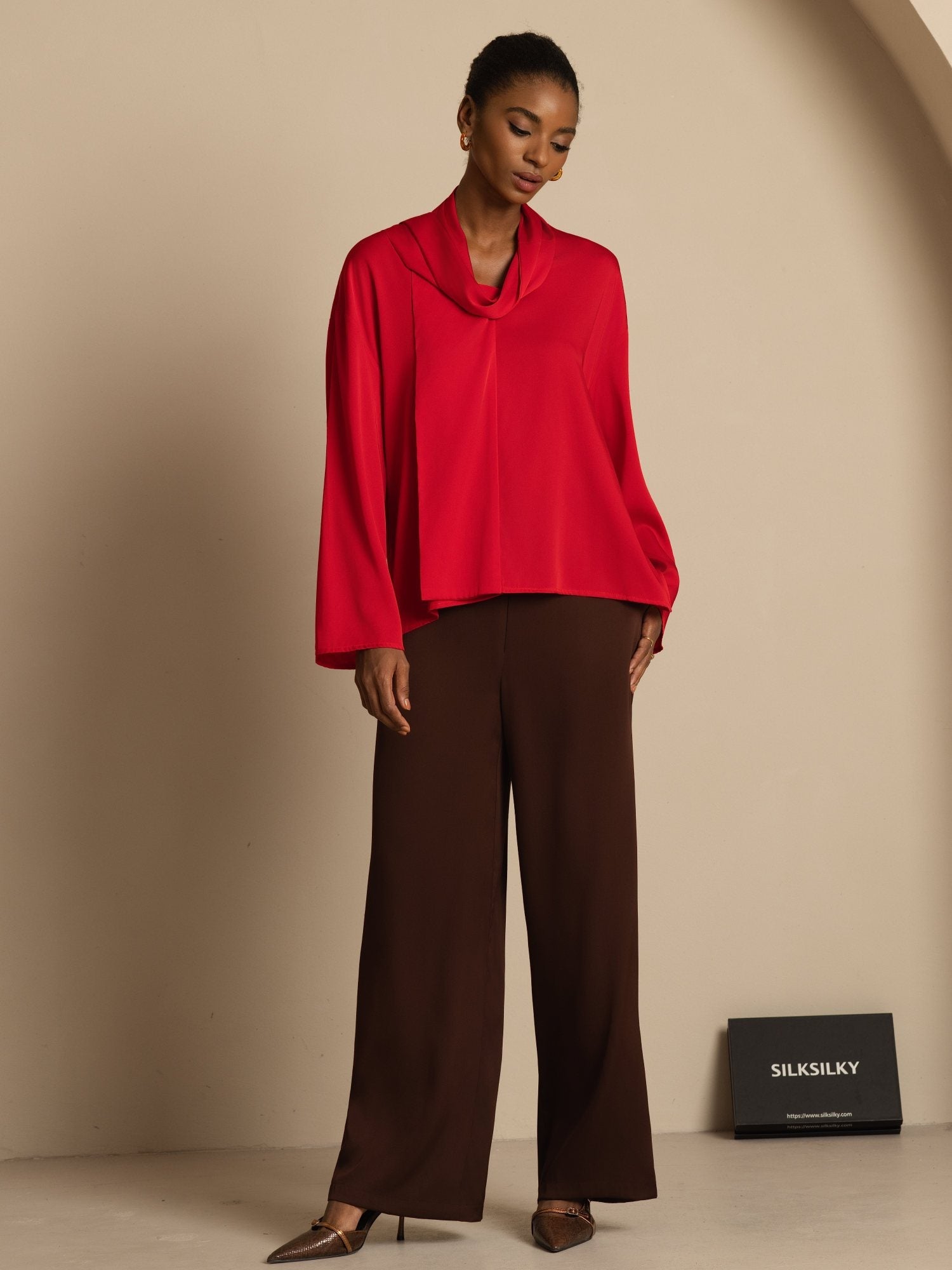 [Vin] SilkSilky-SE 19Momme Silke Lång Ärm V Ringning Blus 008