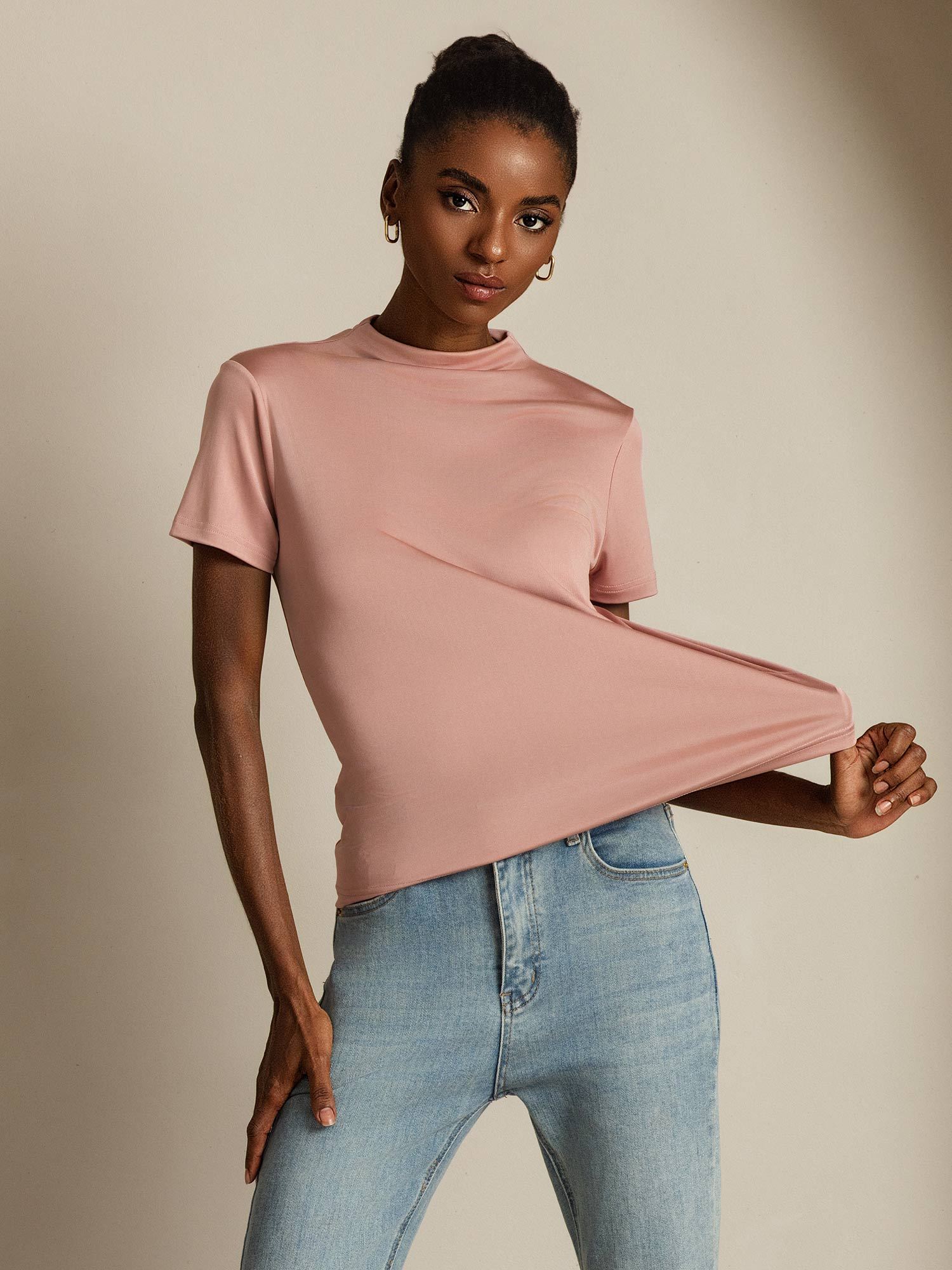 [Rosa] SilkSilky-SE Rent Silke Krage Dam T-Shirt 001