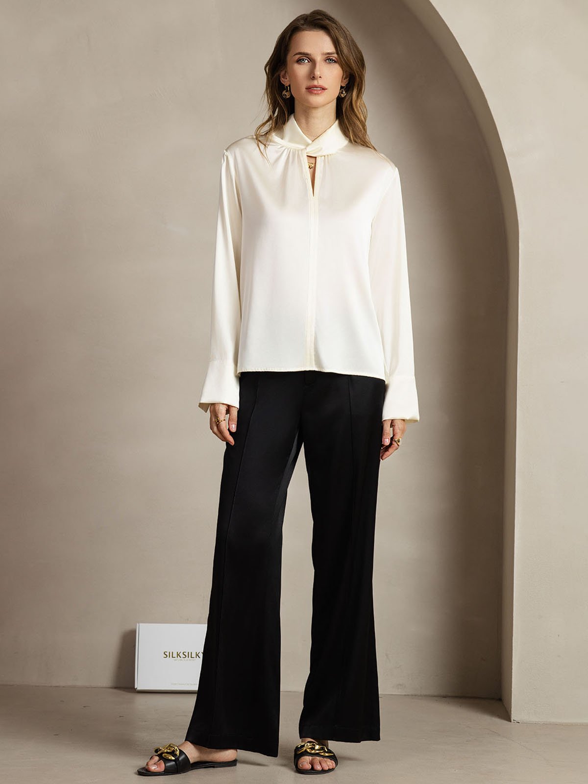 [Elfenben] SilkSilky-SE 19Momme Silke Womens Shirt 010