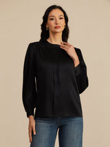 [Svart] SilkSilky-SE 19Momme Long Sleeve Round Neck Blus 004