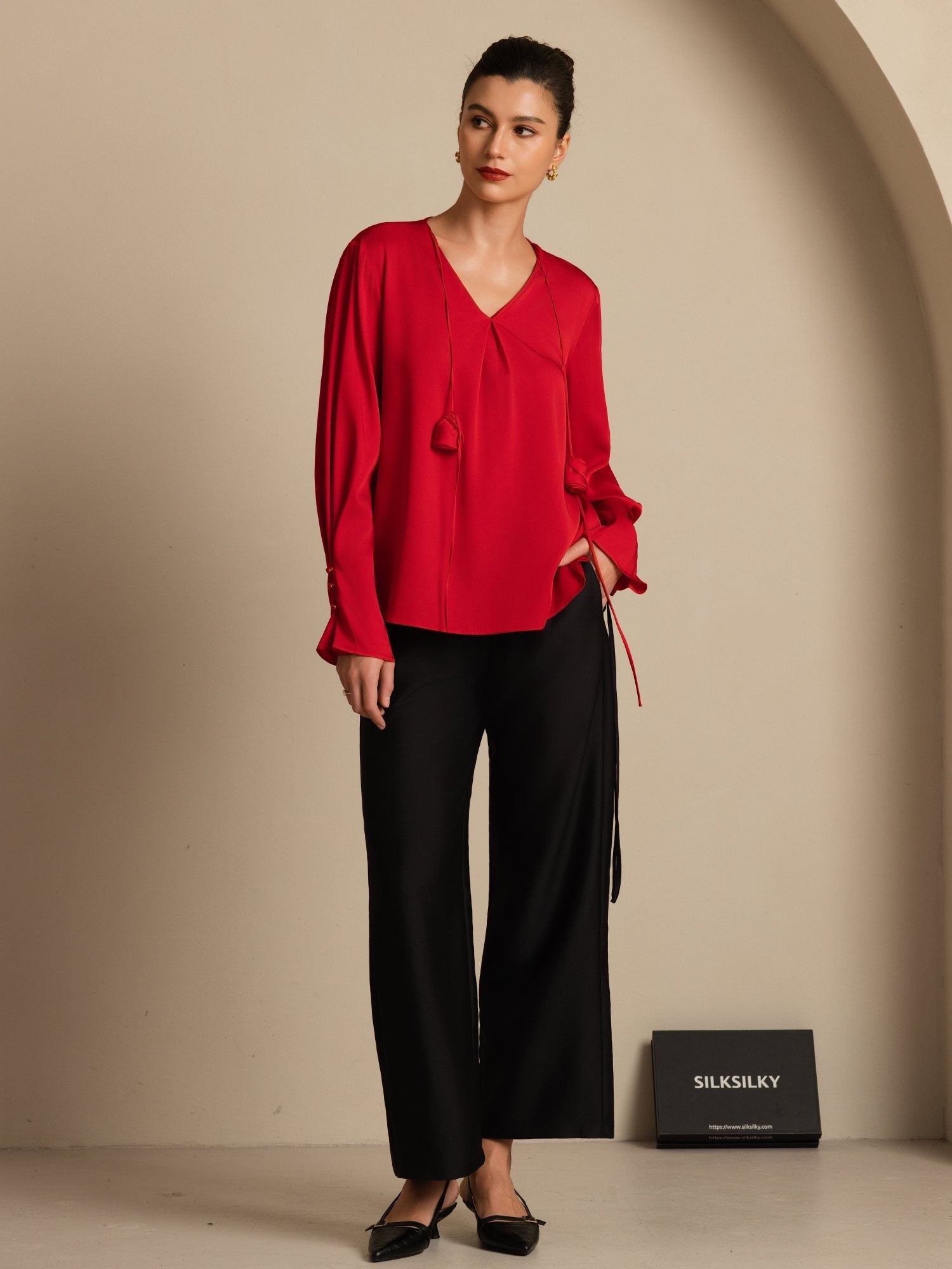 [Vin] SilkSilky-SE 19Momme Silke Lång Ärm V Ringning Blus 001