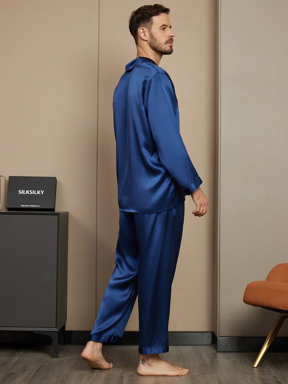 [Mörkblå] SilkSilky-SE Rent Silke Mens Pajamas 002