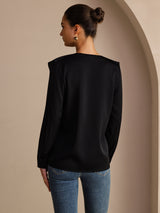 [Svart] SilkSilky-SE Long Sleeve Deep V Neck Damblusar 002
