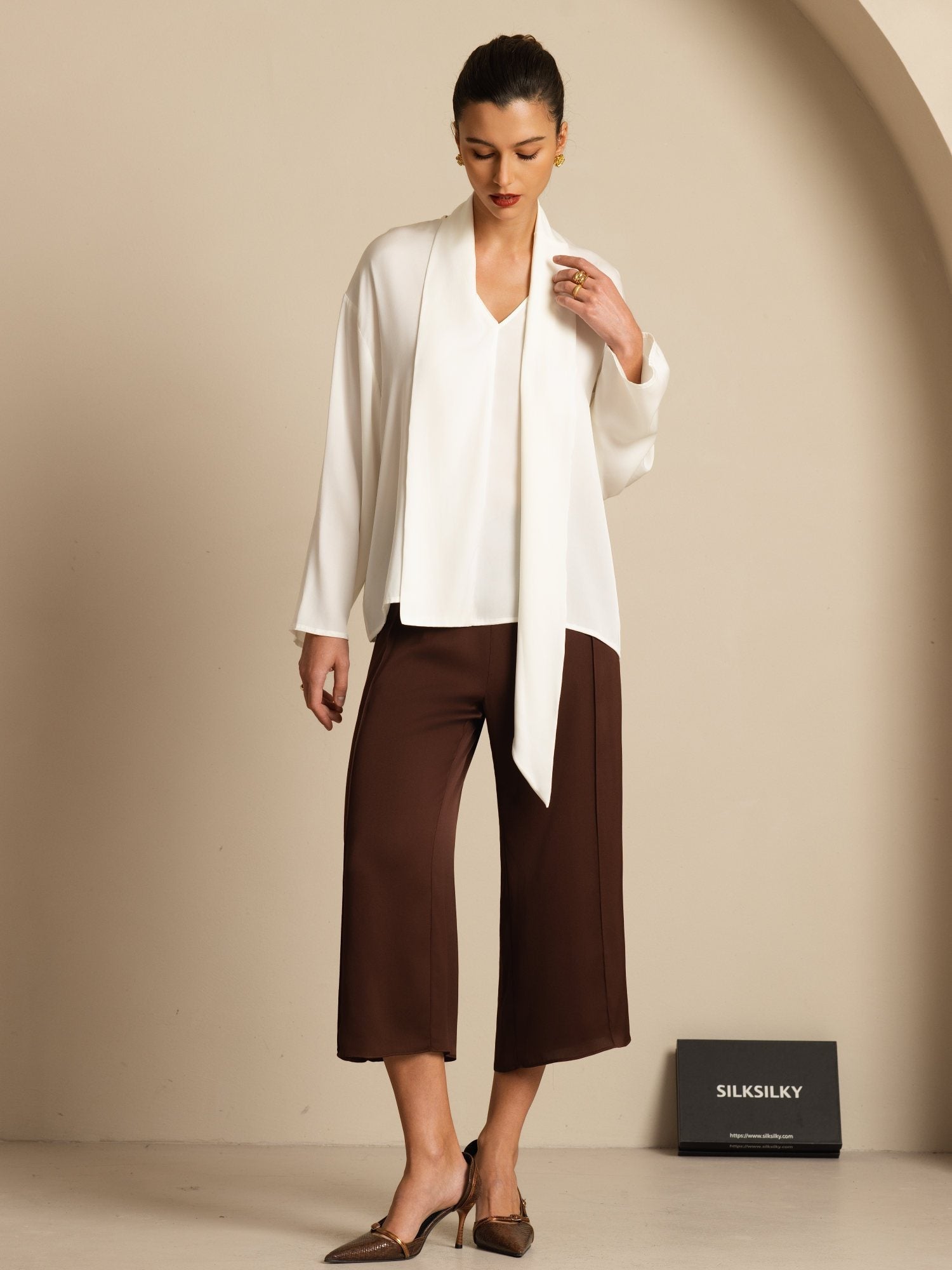 [Vit] SilkSilky-SE 19Momme Silke Lång Ärm V Ringning Blus 007