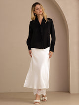 [Svart] SilkSilky-SE Long Sleeve Tie Neck Damblusar 006