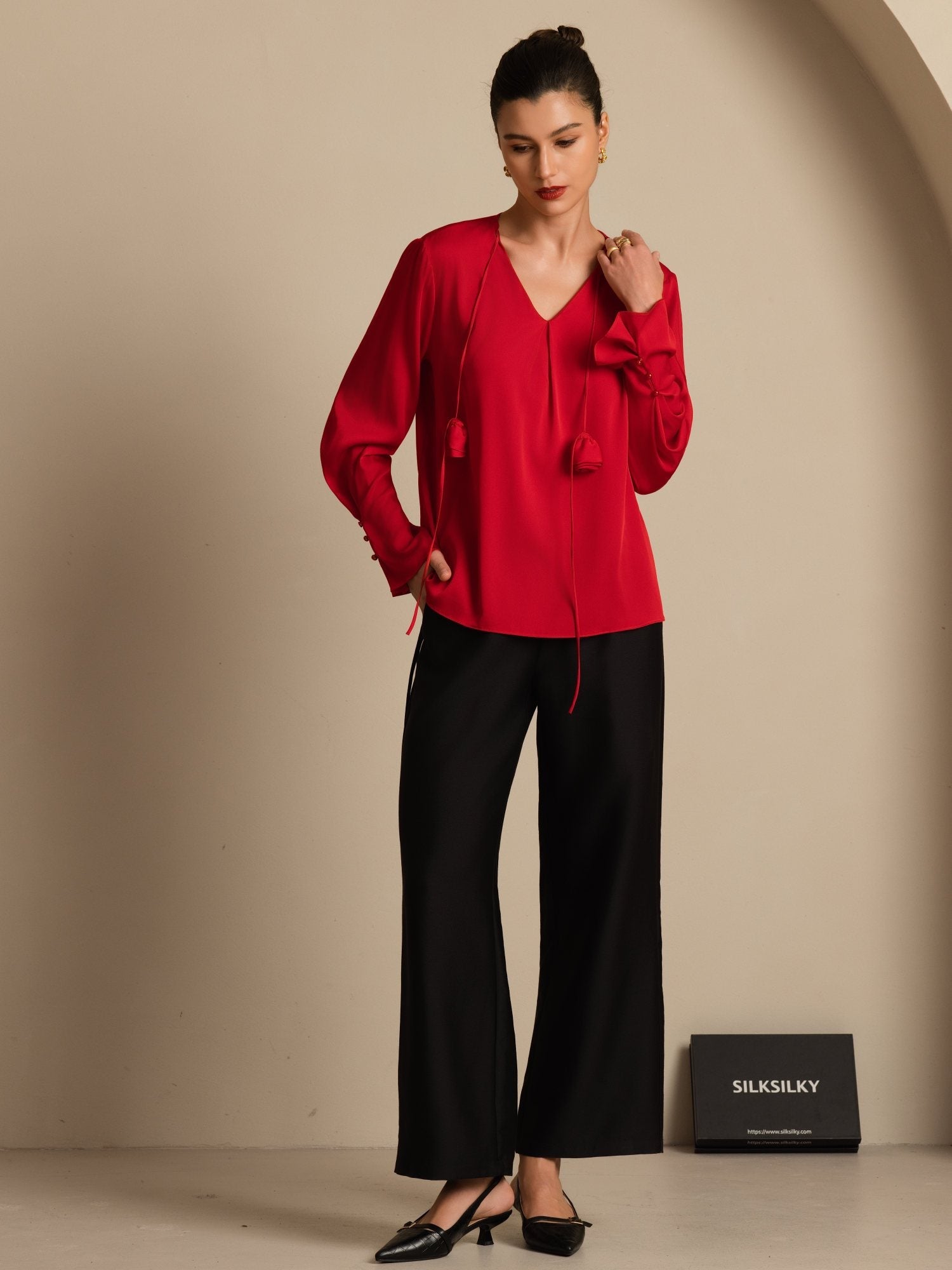 [Vin] SilkSilky-SE 19Momme Silke Lång Ärm V Ringning Blus 008