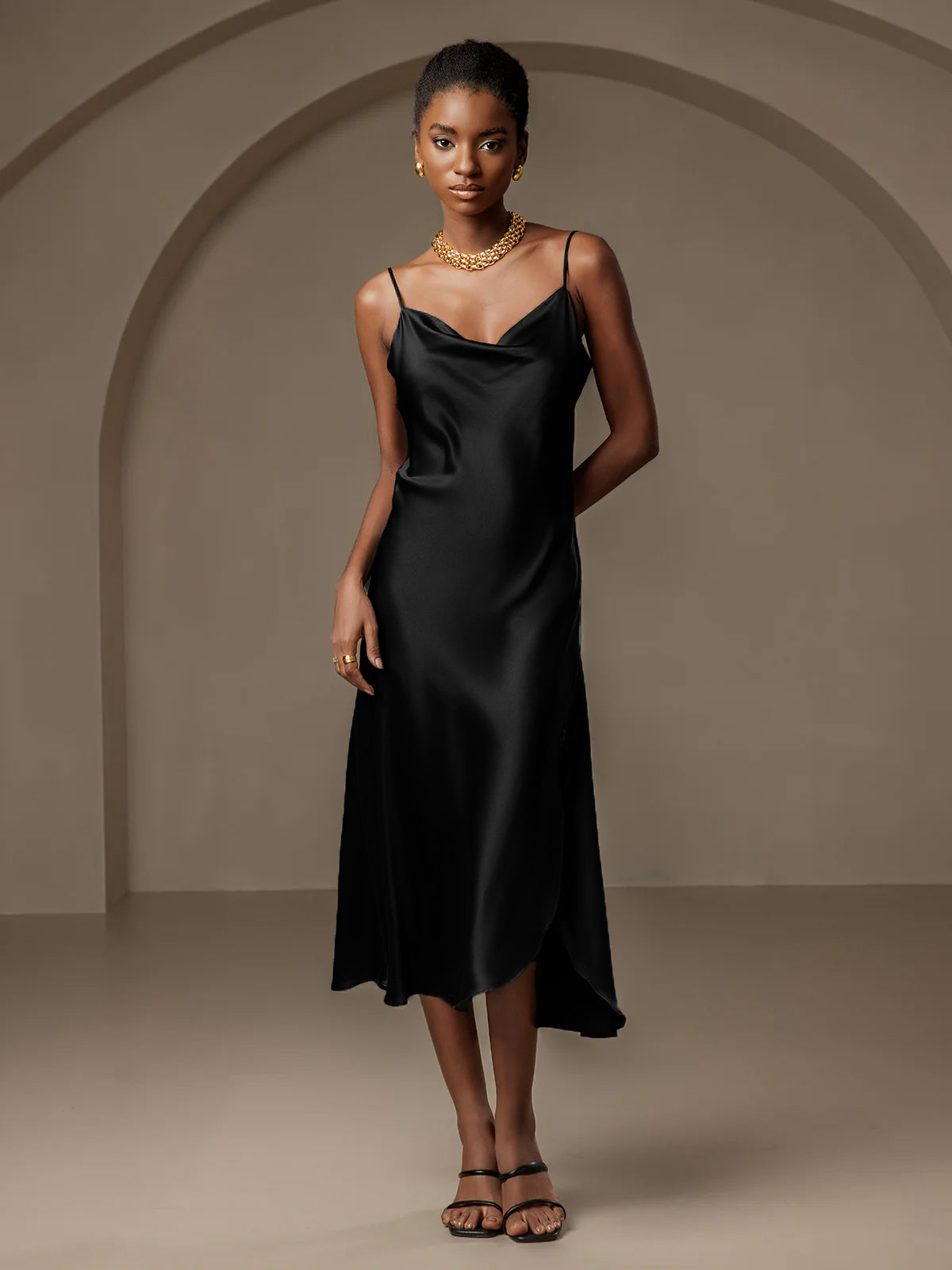 [Svart] SilkSilky-SE 19Momme Rent Silke Dress 001