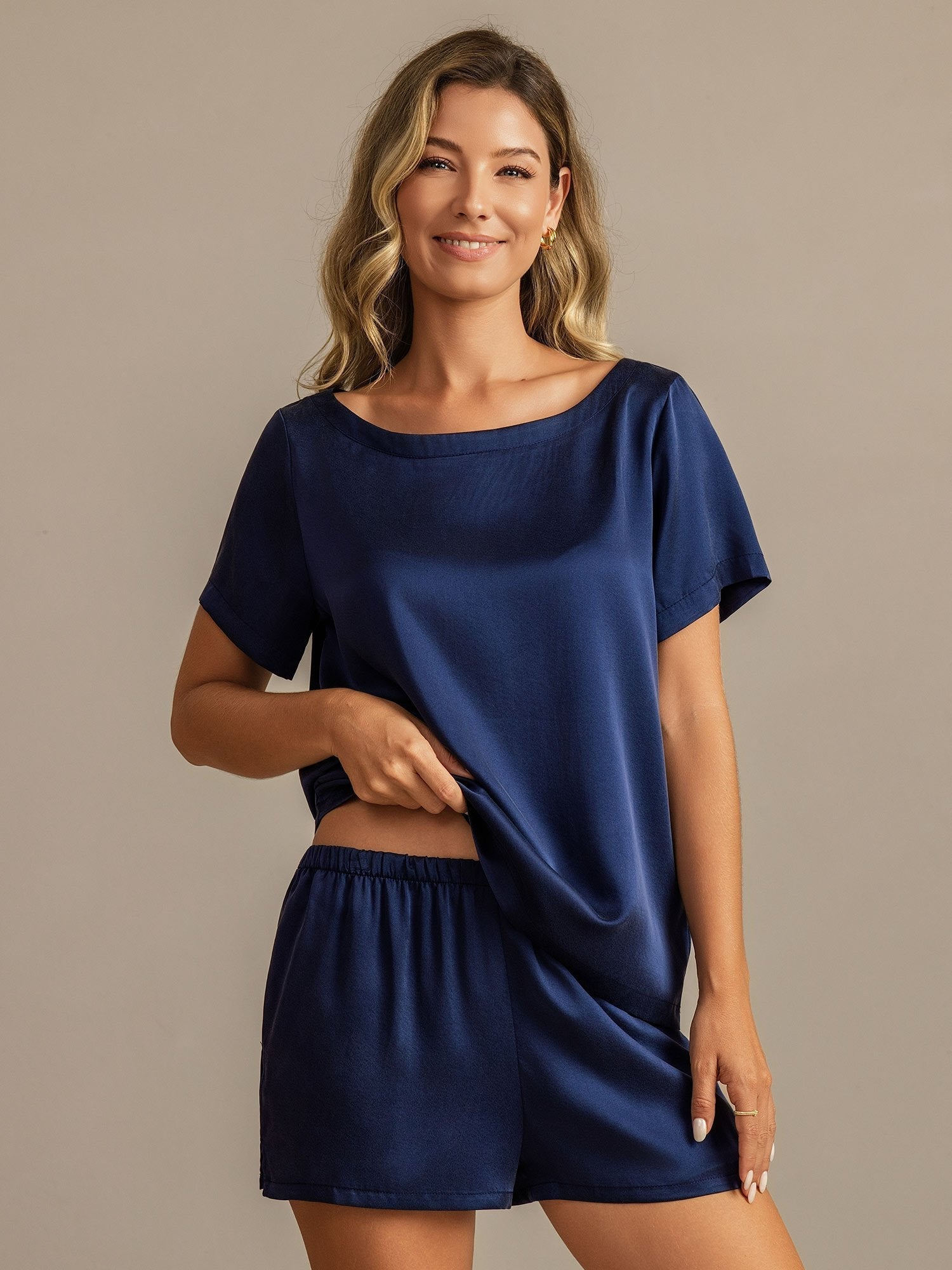 [Mörkblå] SilkSilky-SE 19Momme Silke Womens Pajamas 005,