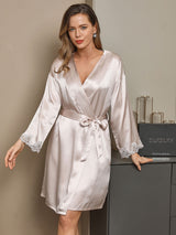 [Beige] SilkSilky-SE 3/4 Sleeve V Neck Dam Nattlinne&Morgonrock Set 004