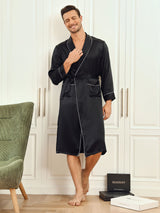 [Svart] SilkSilky-SE 19Momme Rent Silke Lång Ärm Mens Robe 001