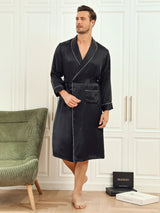 [Svart] SilkSilky-SE 19Momme Rent Silke Lång Ärm Mens Robe 003