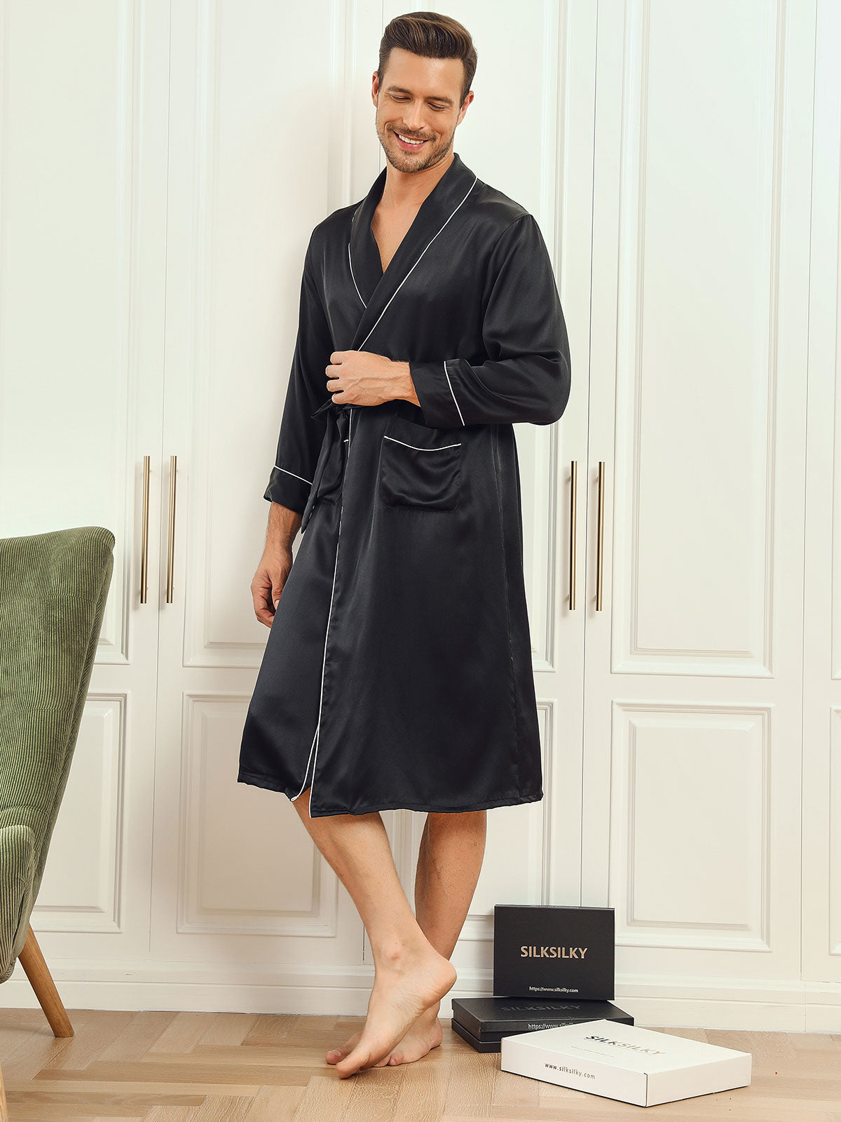 [Svart] SilkSilky-SE 19Momme Rent Silke Lång Ärm Mens Robe 004
