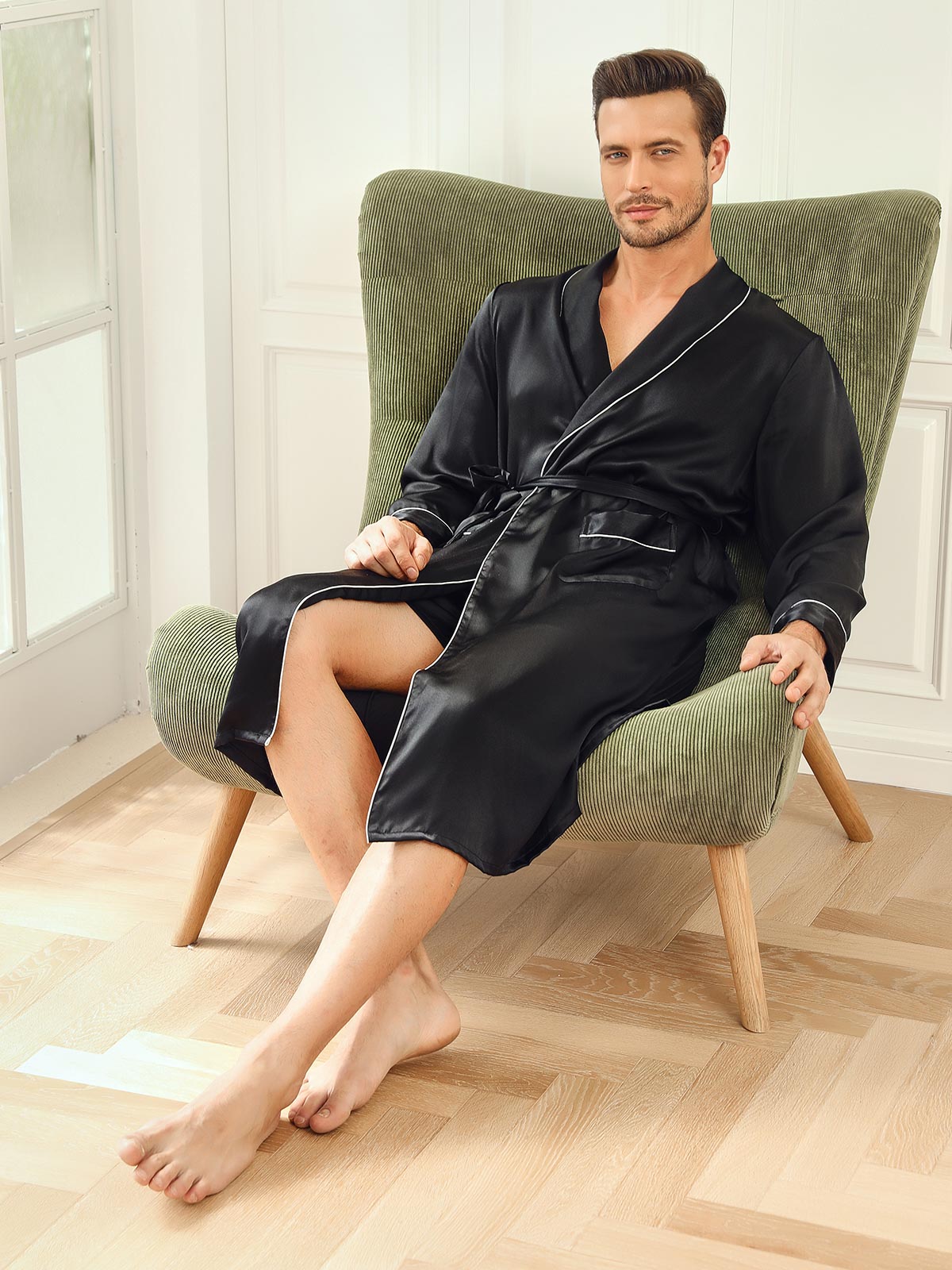 [Svart] SilkSilky-SE 19Momme Rent Silke Lång Ärm Mens Robe 006
