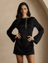 [Svart] SilkSilky-SE Long Sleeve Boat Neck Klänning 001
