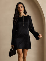 [Svart] SilkSilky-SE Long Sleeve Boat Neck Klänning 003