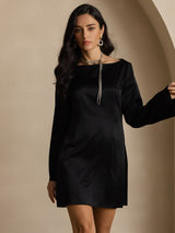 [Svart] SilkSilky-SE Long Sleeve Boat Neck Klänning 005