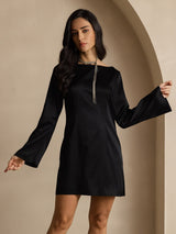 [Svart] SilkSilky-SE Long Sleeve Boat Neck Klänning 006