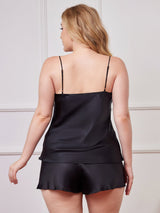 [Svart] SilkSilky-SE Spaghetti Rem V Ringning Plus Storlek Camisole Set 002