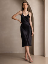 [Svart] SilkSilky-SE Spaghetti Strap V Neck Klänning 001