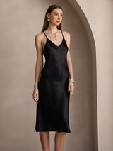 [Svart] SilkSilky-SE Spaghetti Strap V Neck Klänning 004