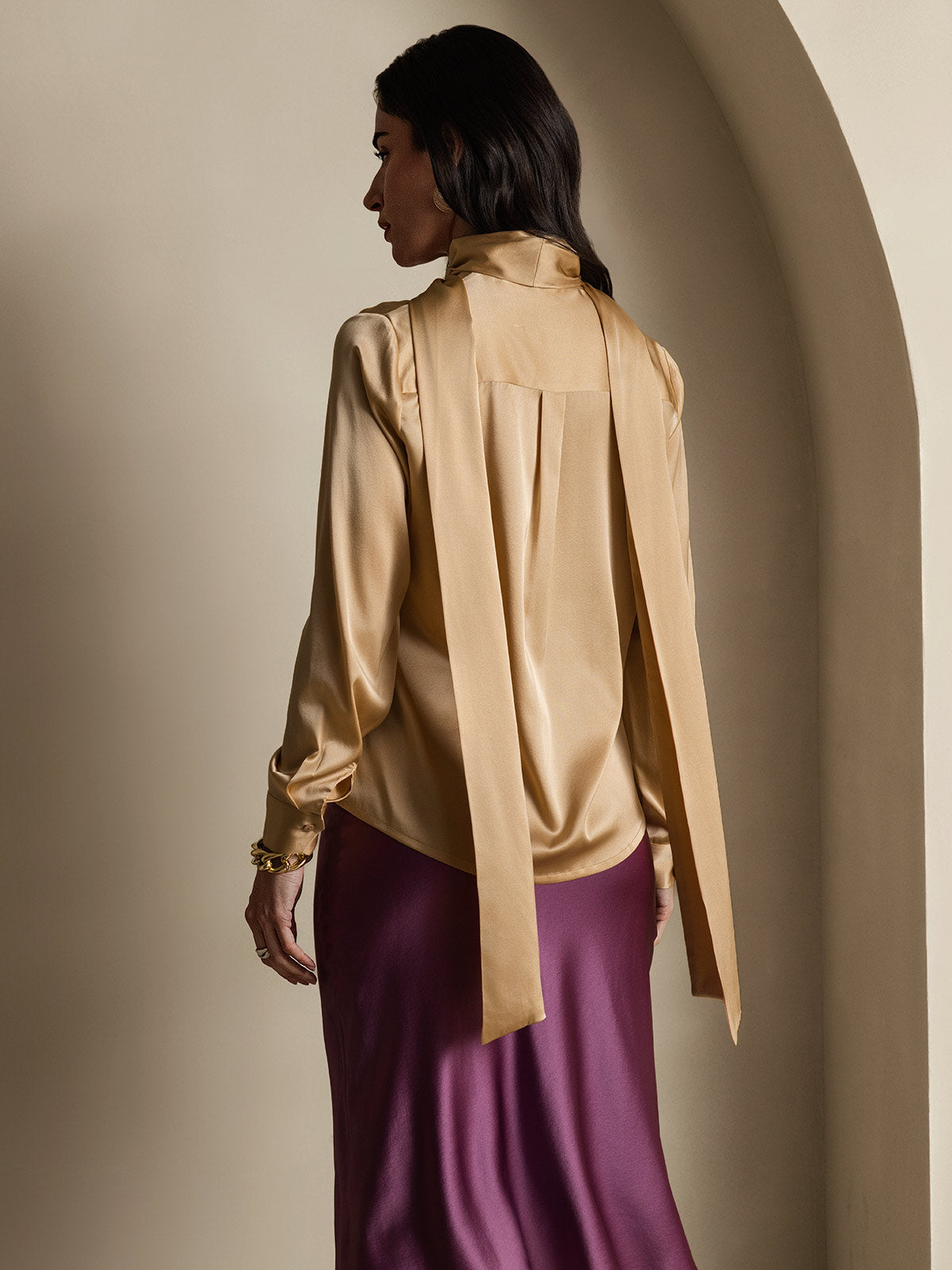 [Champagne] SilkSilky-SE 19Momme Silke Lång Ärm Blouse 002