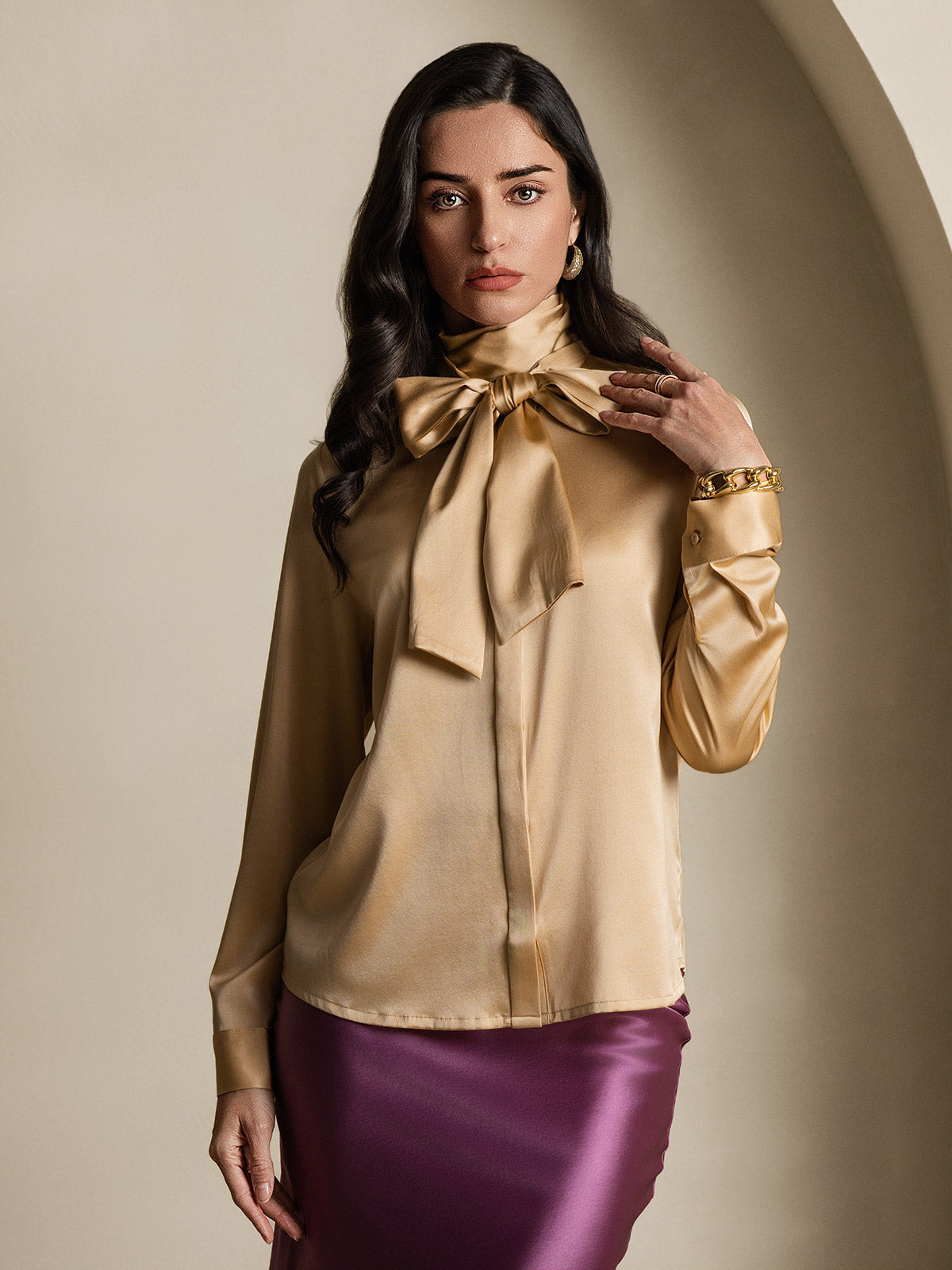 [Champagne] SilkSilky-SE 19Momme Silke Lång Ärm Blouse 004