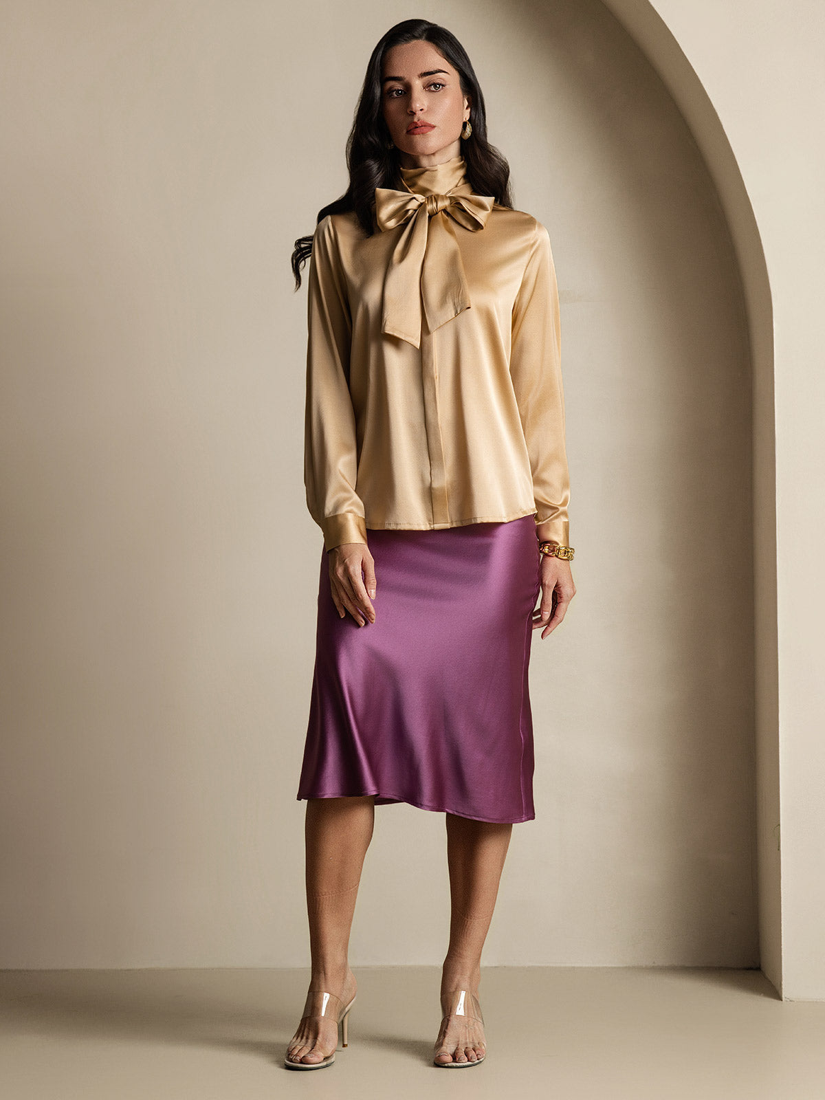 [Champagne] SilkSilky-SE 19Momme Silke Lång Ärm Blouse 010