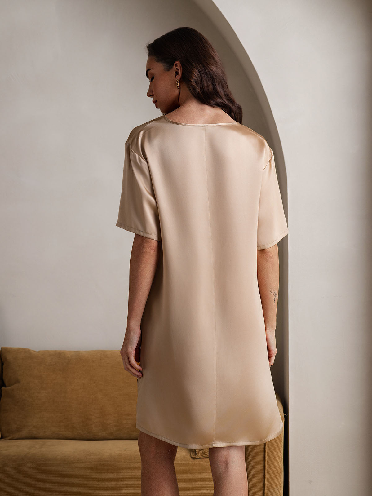 [Champagne] SilkSilky-SE Pure Silk Kort Ärm Nightgown 002