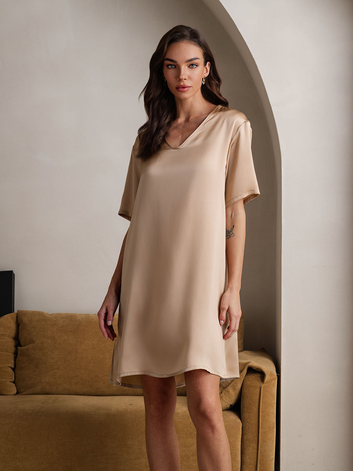 [Champagne] SilkSilky-SE Pure Silk Kort Ärm Nightgown 006