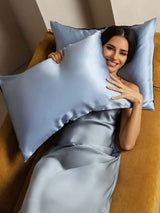 [Mörkblå+Ljusblå] SilkSilky-SE 22Momme Rent Silke Pillowcase 003
